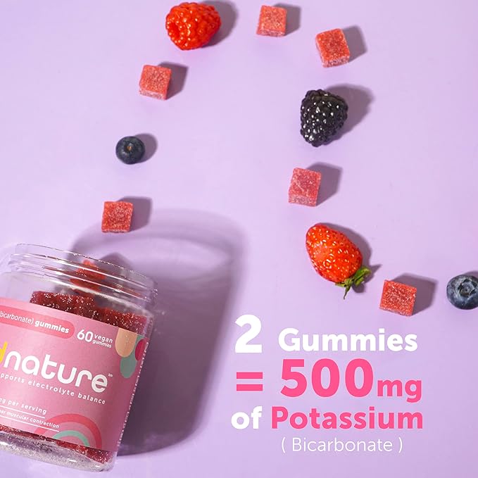 Kind Nature High Potassium Supplement Gummies 500mg - Chewable for Adults & Kids - Pure Potassium Bicarbonate Mineral Supplement - Vegan, Gluten Free, Non GMO - 60 Gummies (30 Day Supply)