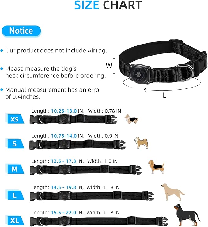 Upgraded AirTag Dog Collar, IP68 Waterproof Air Tag Dog Collar Holder, Reflective, Ultra-Durable, Comfortable Padded, Heavy Duty Dog Collars for Small Medium Large Dogs (L (14.8"-20.3"), Black)