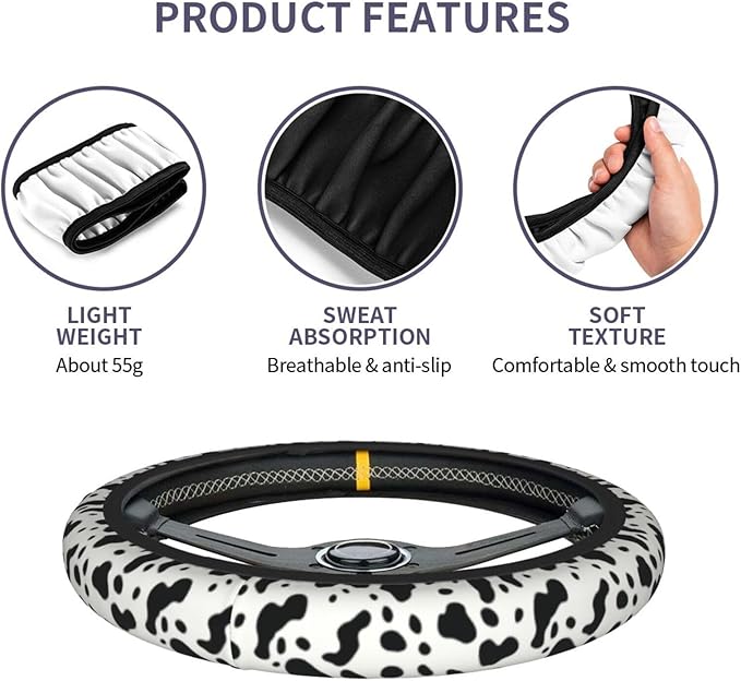 Cow Pattern Cute Steering Wheel Cover Non-Slip Breathable Sweat-Absorbent Suitable for SUV Van Truck Car Universal Protection Accessories 15 Inch Suitable for Women Men