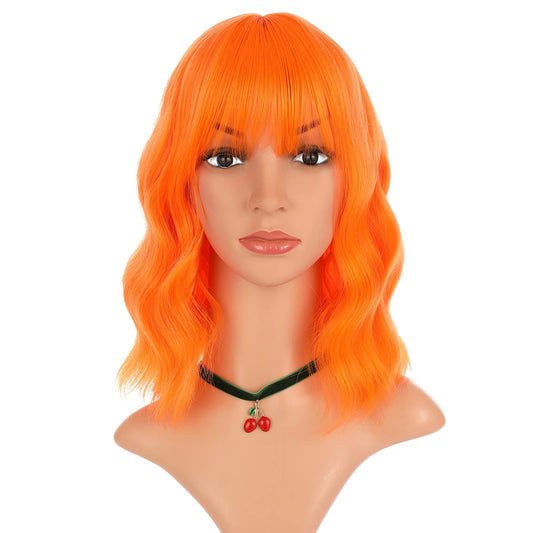 Enilecor Orange Wig, Curly Wavy Colorful Wig With Air Bangs For Women, Natural Synthetic Short Bob Wig For Party Cosplay Fun(Ora
