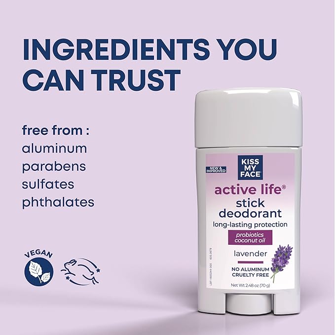 Kiss My Face Active Life Deodorant Contains Naturally Derived Ingredients, 72 Hour Odor Control | Deodorant for Women and Men, Aluminum Free with Coconut Oil and Probiotics, Lavender Scent