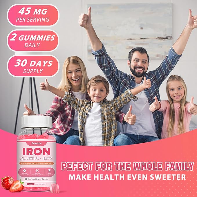 Vegan Iron Supplement Gummies for Women & Men, Anemia, Blood Builder & Energy Support for Iron Deficiency, with Vitamin C, A, B Complex, Folate, CoQ10, Sugar Free, Non-GMO, 60 Count