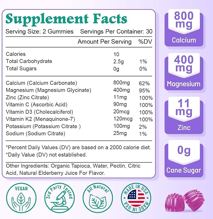 High Absorption Calcium Gummies, Sugar Free Calcium Magnesium Supplement with Potassium Vitamin D3 for B0ne & Teeth Strength, Muscle Function - Vegan, Elderberry Flavor 120 Cts