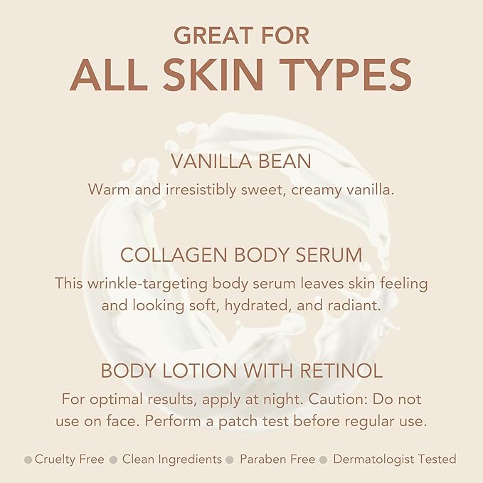 Dionis Goat Milk Skincare Body Care Set - Vanilla Bean Lotion, Body Lotion W/Retinol, Body Serum W/Collagen, Deep Hydration and Younger Skin