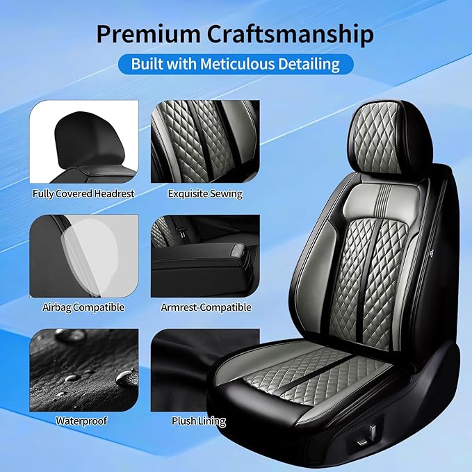 Fit Equinox Car Seat Covers for Chevrolet/Chevy Equinox 2007-2026, Premium Full Coverage Leather, Airbag Compatible, Waterproof All Weather Seat Cushion Protector, Front Pair Black+Gray