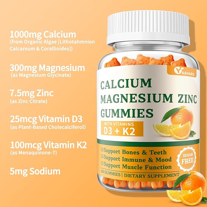 Calcium Magnesium Zinc Gummies with Vitamin D3 & K2 - Sugar Free Calcium Gummies for Women and Men - Bone & Immune Support - Non-GMO, Gluten-Free, Orange Flavored - 60 Gummies