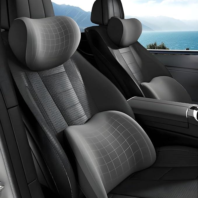 Car Headrest & Lumbar Support Cushion, Car Headrest and Lumbar Support, Ergonomic Car Seat Headrest & Lumbar Cushion, Car Head Rest and Lumbar Pillow Set for Neck Back Pain Relief (Black)