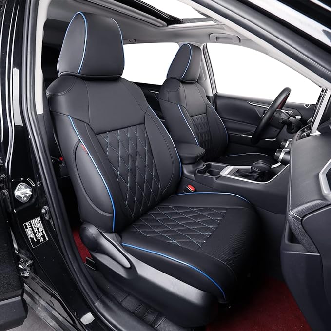 EKR Rav4 Seat Covers Custom Fit for Toyota Rav4 (Hybrid) LE/XLE Premium 2026, Leather Car Seat Cover Full Set for SUV,Faux Leather(Black with Blue Piping)