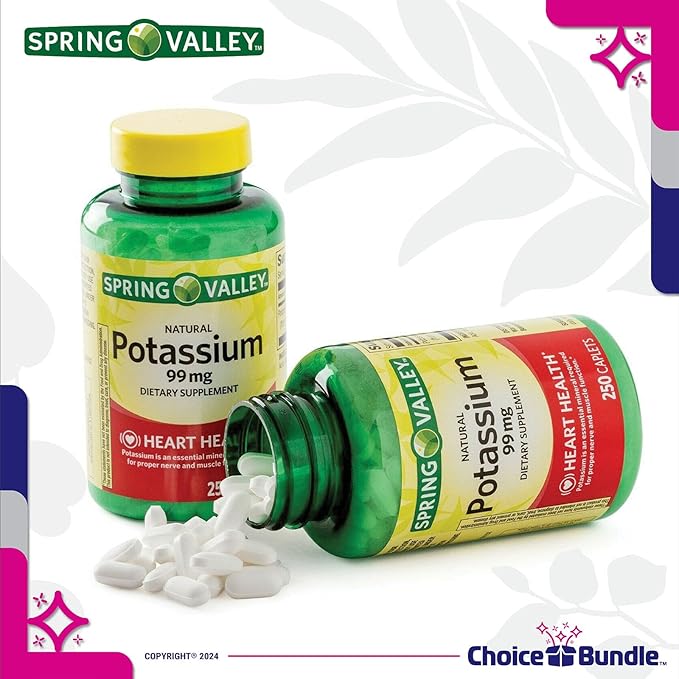 Spring Valley Potassium Heart Health Dietary Supplement Caplets 99 mg 250 CT 2 pk (500 Total) + “Vitamin Vitality” Guide & Keychain Pill Container (4 Items)!
