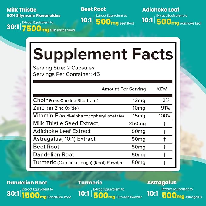 Milk Thistle Supplement - Liver Detox Cleanse Formula Herbal Liver Support with Milk Thistle, Dandelion Root, Artichoke, Turmeric, Astragalus for Liver Health, 90 Capsules-60