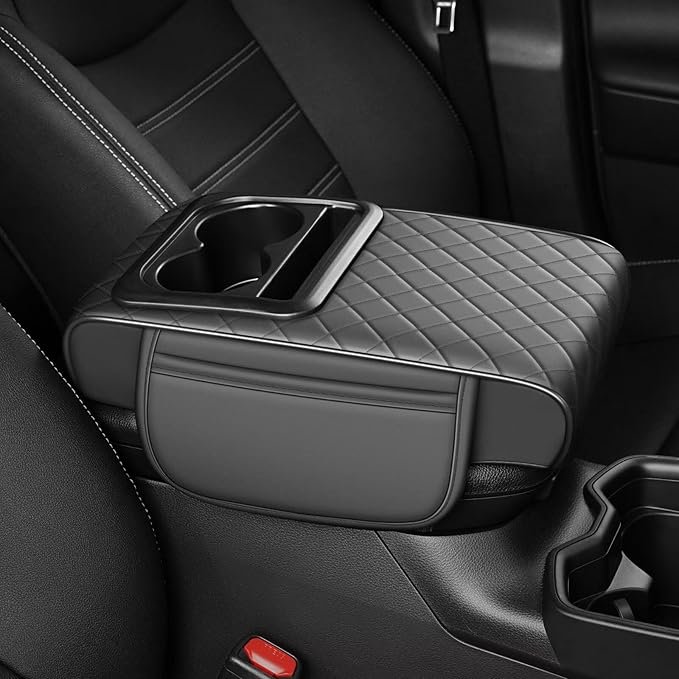 Center Console Cover Fit for RAV4 Faux Leather Car Armrest Cushion with Storage Bags, Cup Holder ＆ Phone Storage Multifunctional Middle Console Cover(Grey)