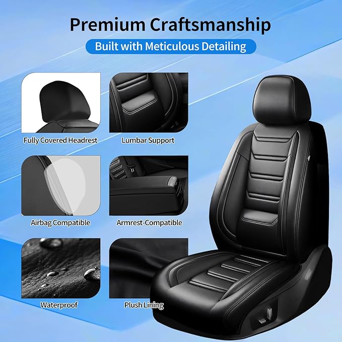 Fit Bolt Car Seat Covers (Front Pair) for Select Chevrolet Bolt/Bolt EUV 2017-2025 - Premium Full Coverage Leather, Airbag Compatible, Waterproof & All Weather Seat Cushion Protector, Black