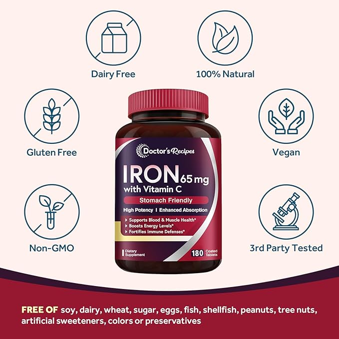 Doctor's Recipes Iron Supplement 65 mg with Vitamin C - Maximized Absorption & Stomach Friendly Iron Pills for Red Blood Cells Formation, Heart, Brain & Immunity Health - Vegan Non-GMO 180 Iron Tabs