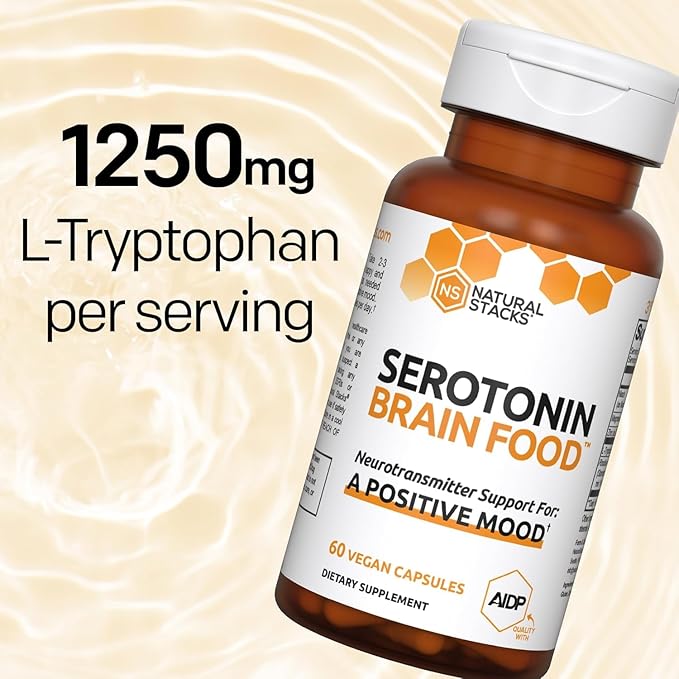 Serotonin Brain Food - 1250mg L-Tryptophan & 400mg Rhodiola Rosea Supplement - Mood Support Supplement for Stress Relief - Neurotransmitter Support with Magnesium Glycinate & Zinc - 60 Capsules
