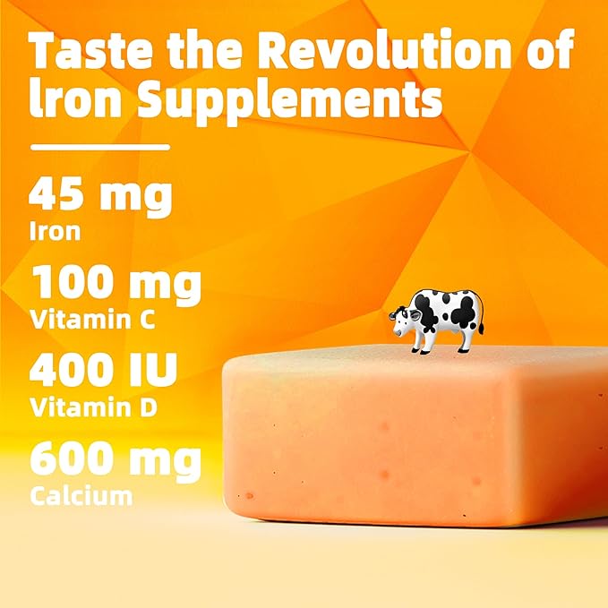 Iron Soft Chew Supplement with Vitamin C | Orange Flavored | Gluten Free | Iron Supplement for Women Men and Kids | 60 Count | 2 Month Supply
