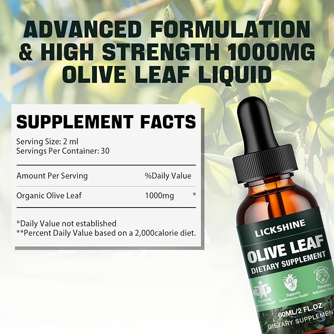 1 Pack 1000MG Olive Leaf Liquid Extract - Organic Olive Leaf Drops Supplement Tincture for Better Absorption - Immune & Heart Support Gluten-Free, Non-GMO, Vegan, 2 Fl Oz