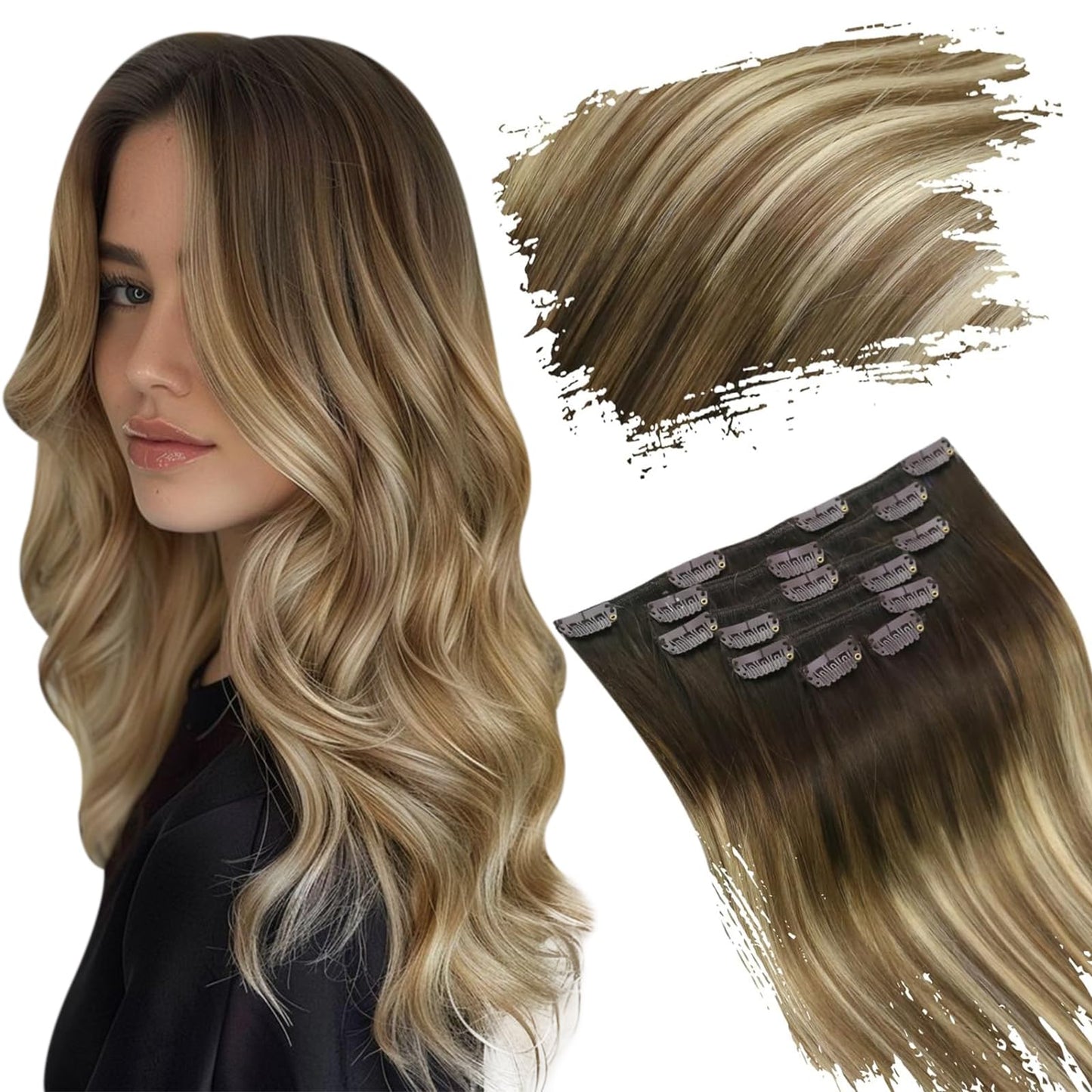 Ugeat Balayage Clip In Hair Extensions Human Hair Dark Brown Mix Medium Brown With Light Blonde Ombre Clip In Human Hair Extensi