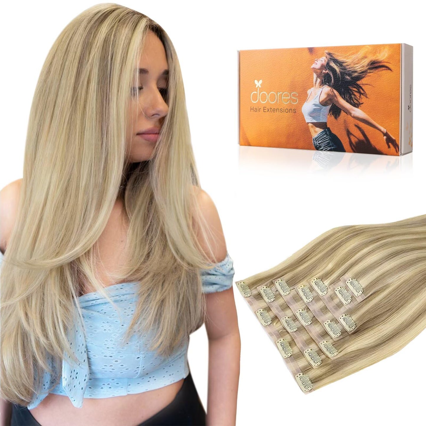 Doores Real Human Hair Extensions, Light Blonde Highlighted Golden Blonde 14 Inch 110G 7Pcs, Seamless Clip In Remy Straight Hair