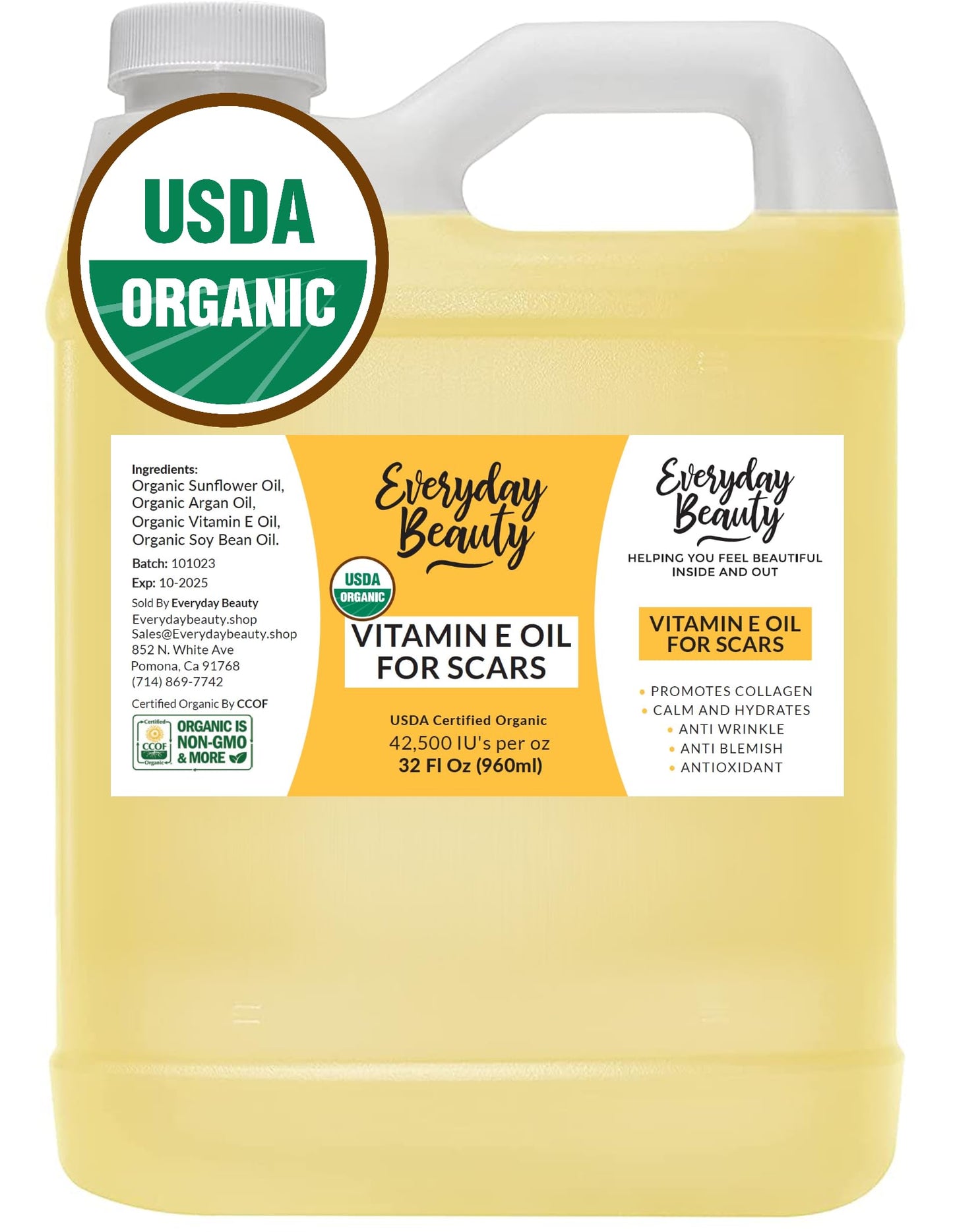 Organic Vitamin E Oil Bulk - 32Oz Usda Certified 100% All Natural Plant Based - Light And Unscented Great For Scars After Surger