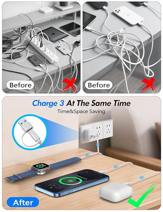 2Pack Multi Charging Cable Cord for Travel Essentials,Apple Watch Charger,iPhone Charger,[3-in-2] Type C/L Cable Portable Designed for iWatch,iPhone 17-8,Galaxy S26-21,AirPods,iPad-4FT Pink