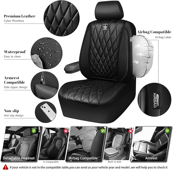 CAR PASS Piping Luxury Faux PU Leather Two Front Car Seat Covers, Waterproof Anti Slip Seat Covers Compatible with Front Seat Armrests,Universal Fit for Suvs,Vans,Trucks, Airbag Compatible(All Black)