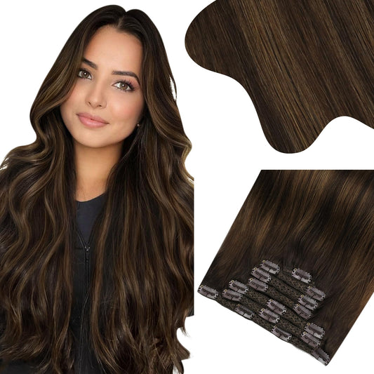 Moresoo Human Hair Clip In Extensions Brown Ombre Human Hair Extensions Clip Ins Balayage Darkest Brown Mixed With Medium Brown