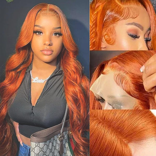 Fascara Body Wave Ginger Orange Lace Front Wig For Women 24Inch Brazilian 180% Density Lace Front Body Wave Wig With Baby Hair O