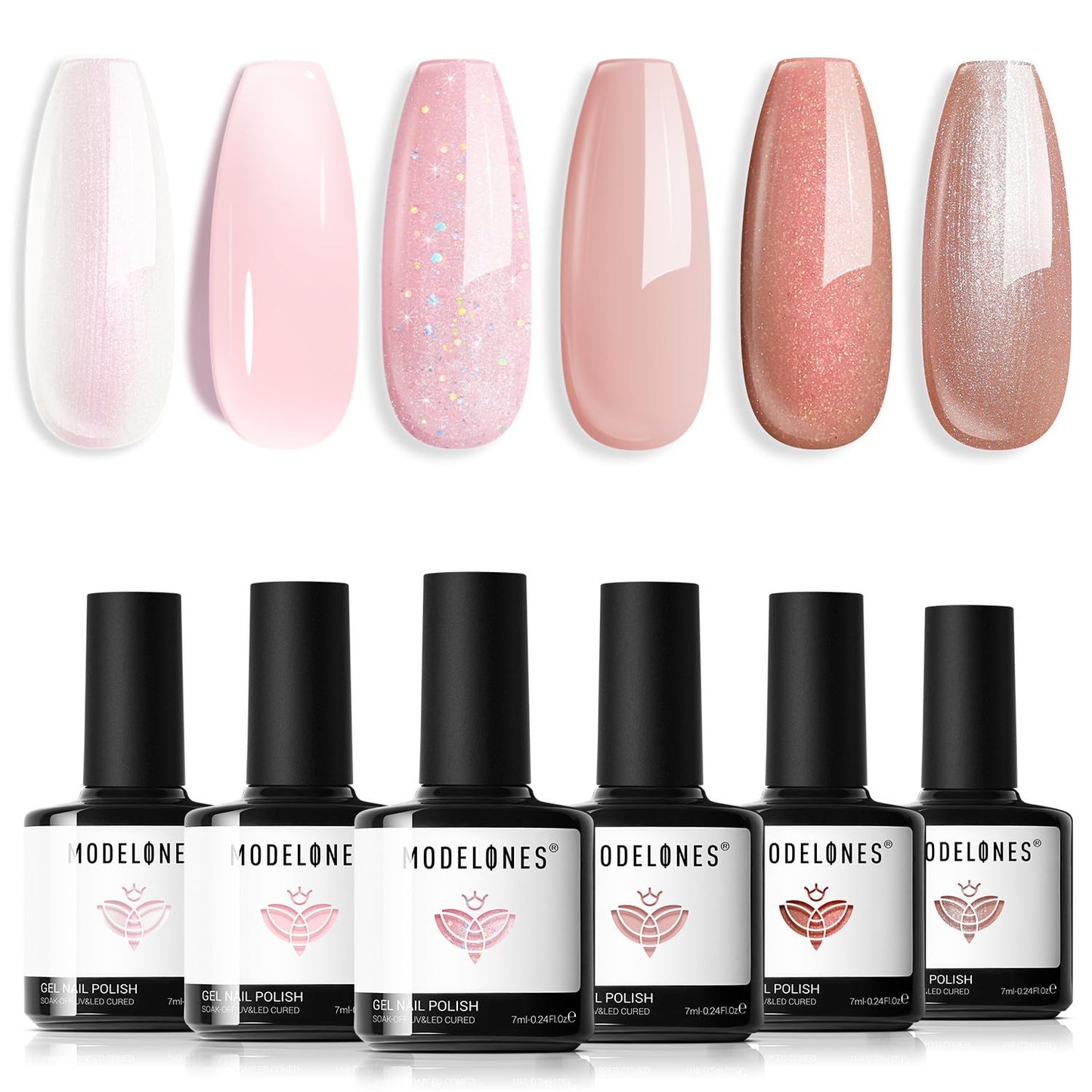 modelones Gel Nail Polish Set 6 Colors Nude Pink Glitter Gel Nail Polish Neutral Pearl Pink Shimmer Skin Tone Soak Off UV Bubble Bath Collection For Nail Art DIY Salon New Year Gifts For Women Girl