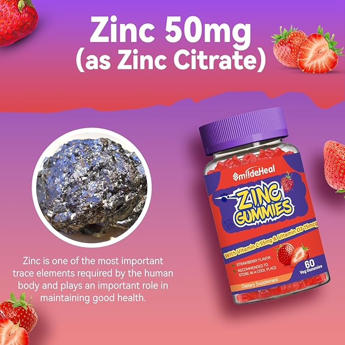 Zinc Gummies, Zinc 50mg, Zinc Citrate, with Vitamin C, Vitamin D3, Non-GMOs, Gluten Free, Strawberry Flavor Gummies, 60 Count (Pack of 2)