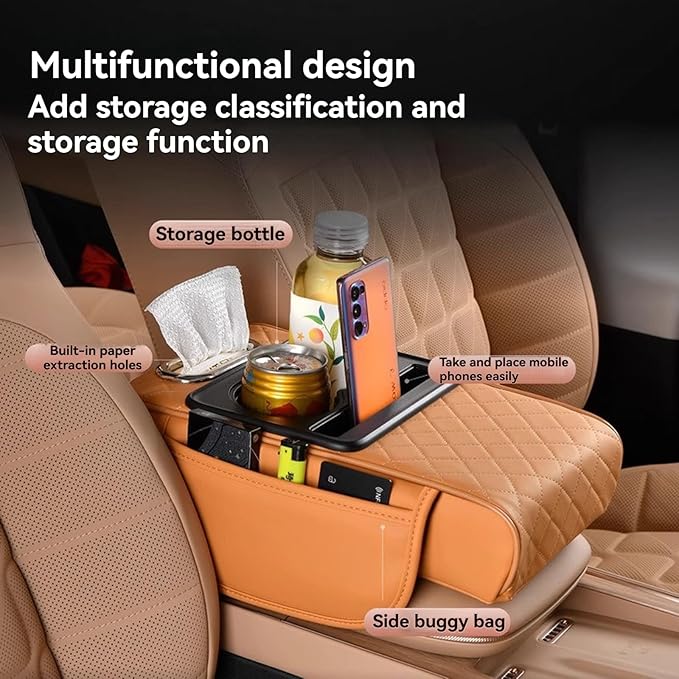 Multifunctional Pu Leather Car Armrest Box Mat, 5-In-1Multifunctional Car Armrest Cushion, Car Arm Rest Cover Pad, Center Console Organizer with Cup Holder, Tissue Box & Phone Slot (Burgundy)