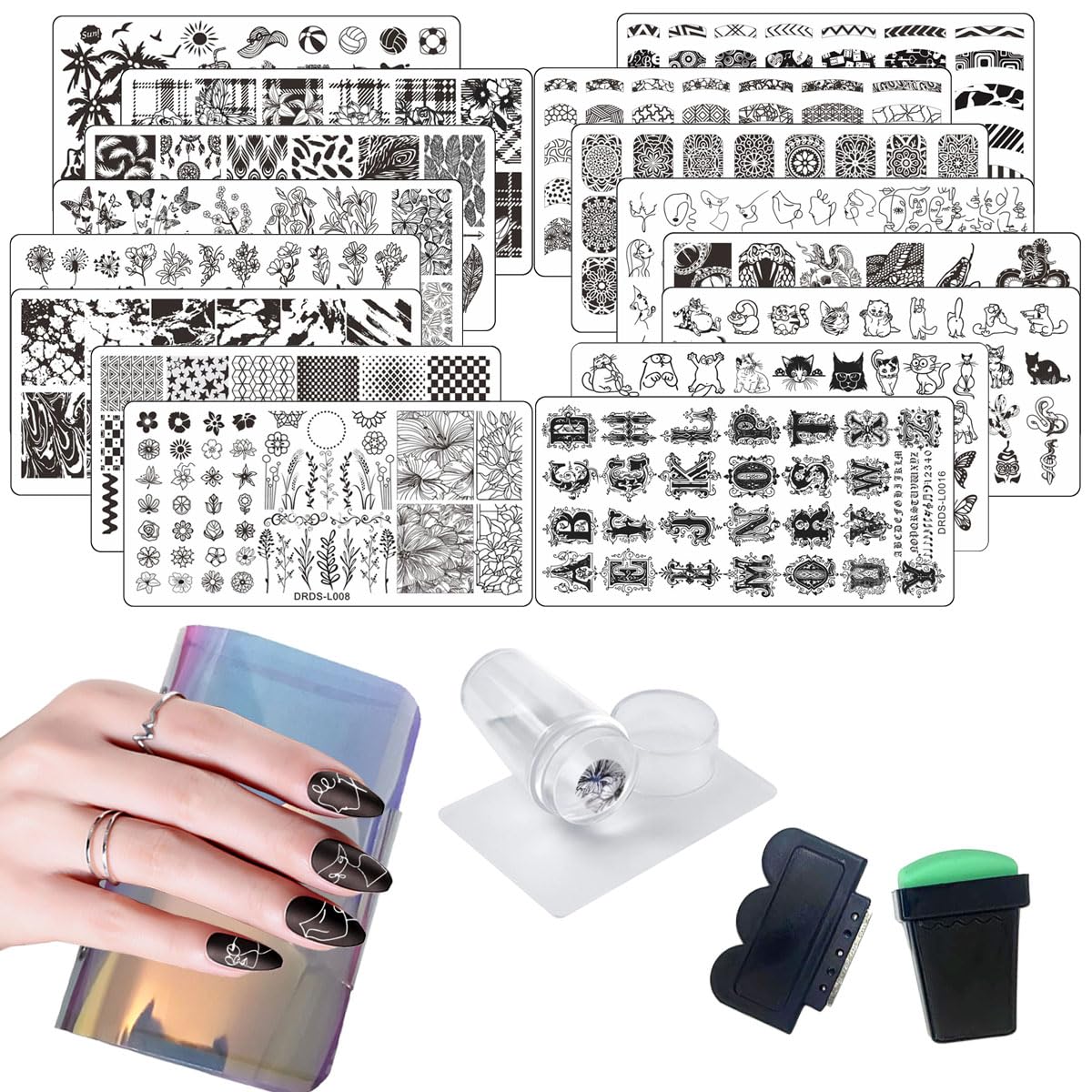Vnc 21 Pcs Nail Stamp Plates Set 16 Plate 2Stamper And 2 Scraper 1Storage Bag Nails Art Stamping Plate Scraper Stamper Set Leave
