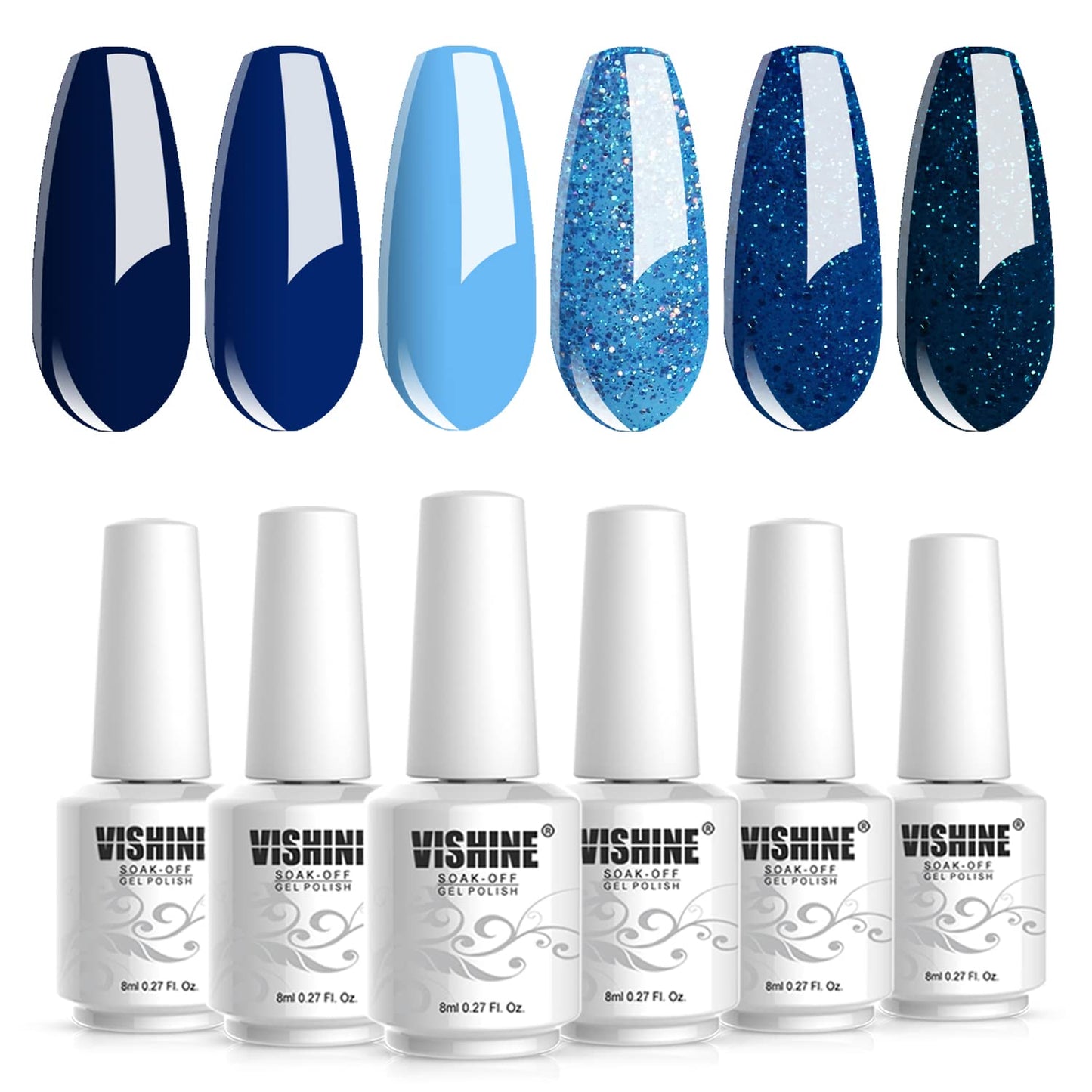 Vishine Soak Off Uv Led Gel Nail Polish Set Blue Glitter Colors, 8Ml Each Nail Gel Manicure Kit