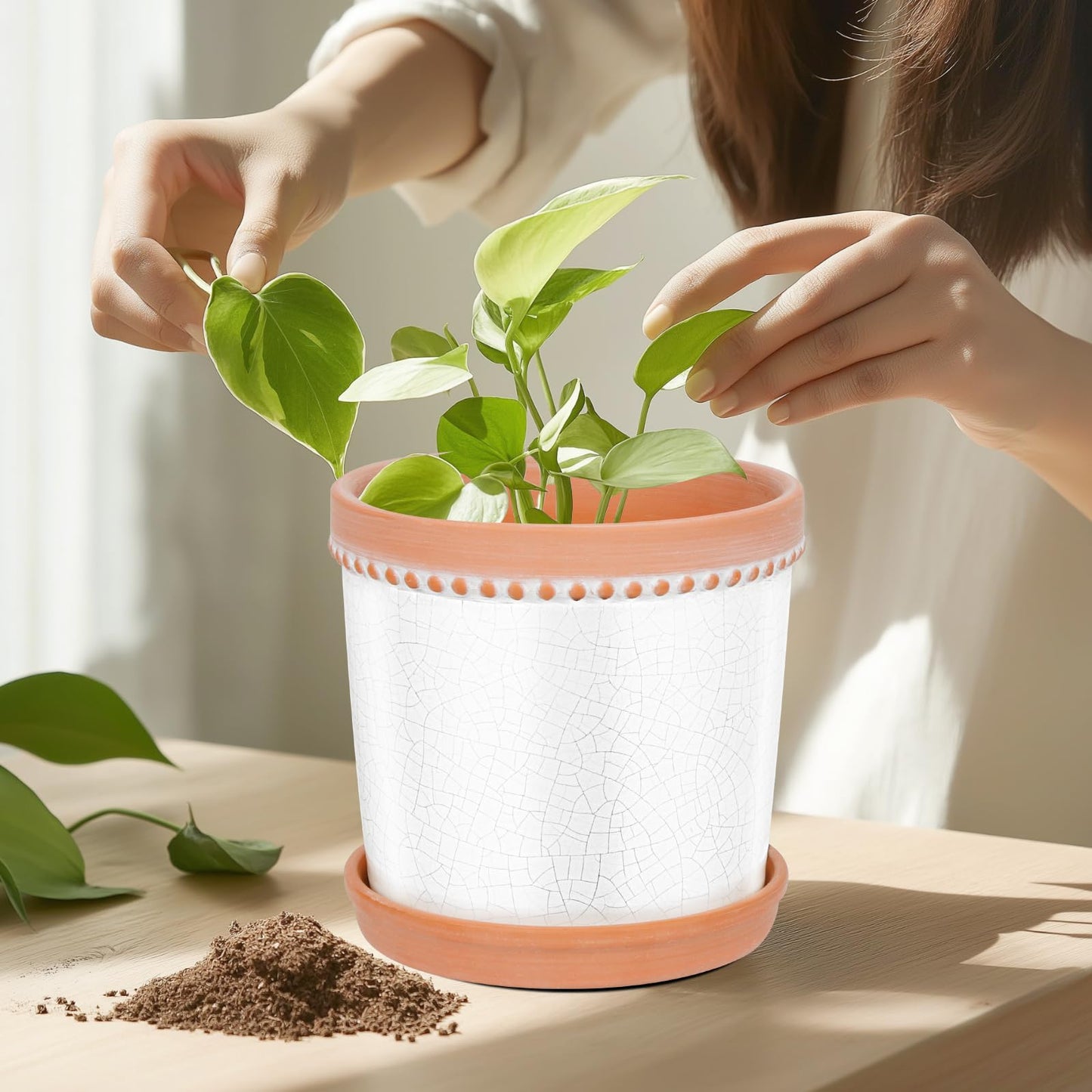 KERUITA 8 Inch Ceramic Plant Pot with Drainage and Saucer – Crackle Glaze White, Large House Plant Pot, Planters for Indoor Plants, Pots for Indoor Plants, Decorative Ceramic Pot for Home & Office
