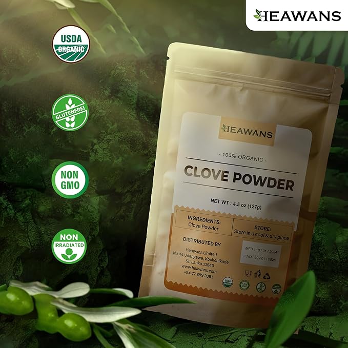 Heawans Organic premium grade clove ground, packed in a food graded inner aluminium foil kraft paper pouch, 4.5 oz | 127 g