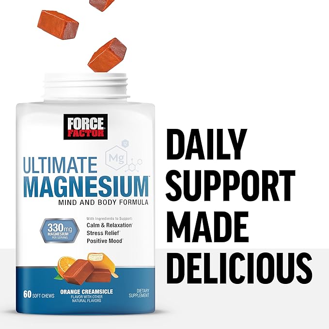 Force Factor Ultimate Magnesium Supplement, Magnesium for Stress Relief, Calm, and Relaxation, Magnesium Chewable, Vegan, Gluten Free, & Non-GMO, Orange Creamsicle Flavor, 60 Soft Chews