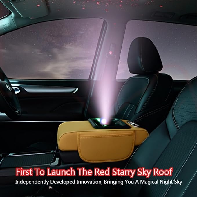 Car Armrest Pad Cover with Red Starry Sky LED Projection, Dual Type-C Charging Ports, Leather Car Center Console Cushion with Cup Holder, Tissue Holder (Red Starry Sky LED Projection, Burgundy)