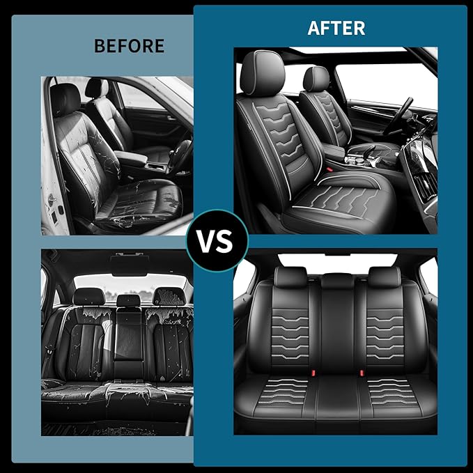 Fit Prius Car Seat Covers for Toyota Prius 2001-2025 2026 -Premium Leather, Waterproof，Breathable，All-Weather Seat Cushion Protecto & Airbag Compatible, 2 Front Seat White Line Black