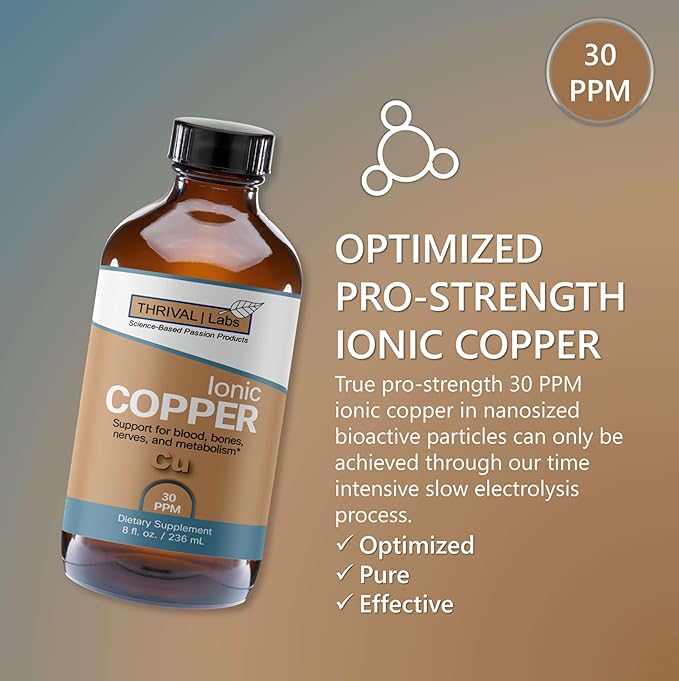 Ionic Colloidal Copper Liquid (30 PPM) | Mental Clarity & Nerve Function | Hair, Skin, Nails & Collagen | Red Blood Cells & Energy Production | Cholesterol Levels & Blood Pressure (16oz)