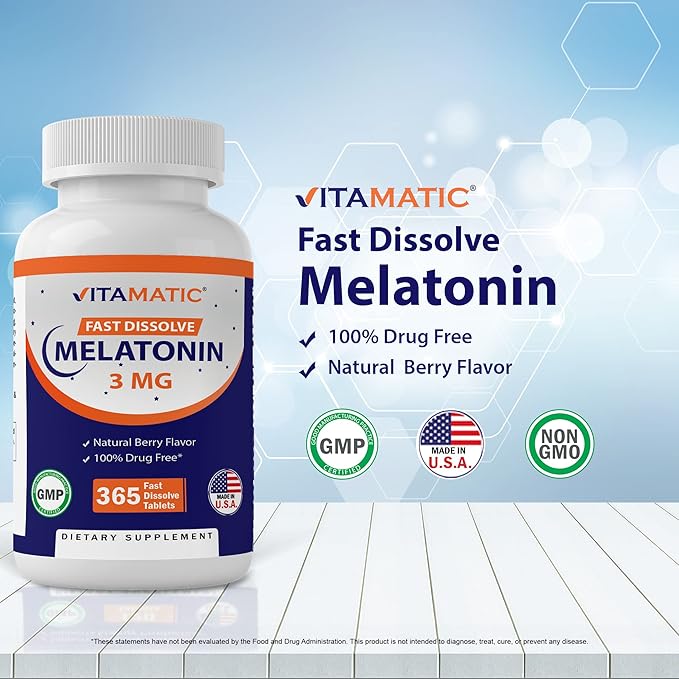 Vitamatic Melatonin 3mg Tablets | Vegetarian, Non-GMO, Gluten Free | 1 Year Supply | Natural Berry Flavor - 365 Tablets