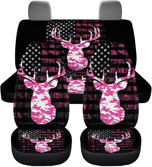 KEIAHUAN Camo Deer Hunting Car Seat Covers 4pcs Full Set Pink Front and Rear Bench Protector Fit Most Vehicle, Cars, Sedan, Truck, SUV and Van Auto Interior Accessories