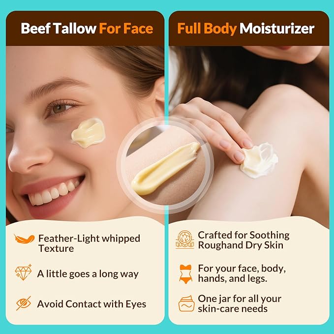 Beef Talow for Skin -100% Grass Fed - Whipped Tallow and Honey Balm for Face & Body Moisturizer -Natural Formula for Dry,Sensitive Skin,Eczema- 4 oz (Citrus Breeze)