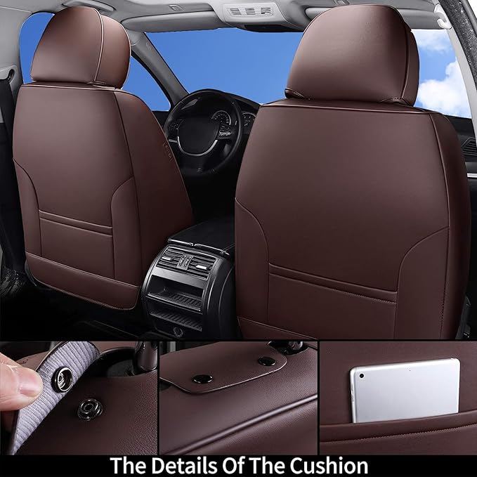 Coverado Front and Back Seat Covers 5 Pieces, Waterproof Nappa Leather Auto Seat Protectors Full Set with Head Pillow, Universal Car Accessories Fit for Most Sedans SUV Pick-up Truck, Brown