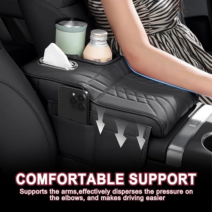 Car Armrest Storage Box for Infiniti QX60 2013–2025 2020 2021 2022 2023 2024, Sport-Style Center Console Organizer with Side Pocket, PU Leather Armrest Cushion, Elbow Support Pad,D Beige