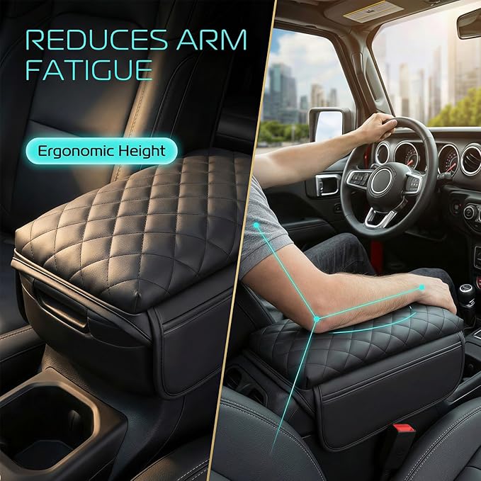 Center Console Cover with Pocket for Jeep Wrangler JL 2018-2025 Armrest Cover Leather Arm Rest Pad with Pockets Middle Console Lid for Wrangler JL JLU&Gladiator JT2018-2025 Accessories（Black）