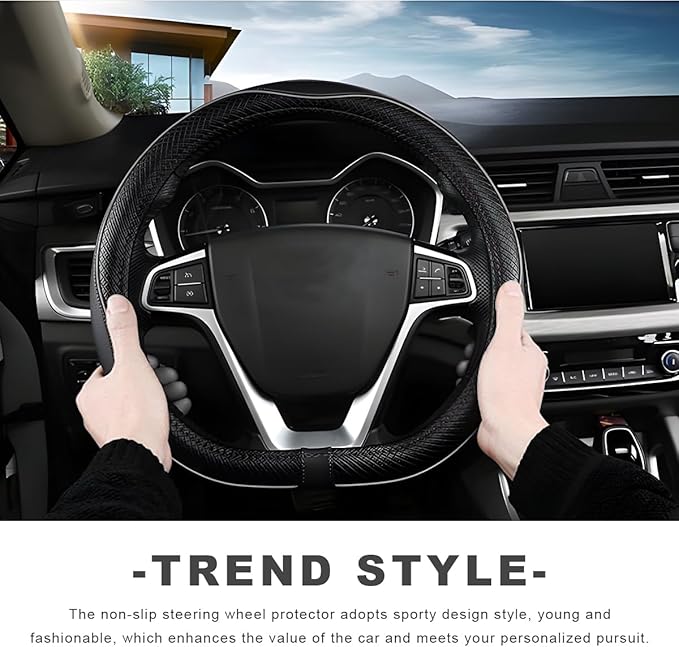 Car Steering Wheel Cover, 15 Inch Anti-Slip Breathable Leather Auto Steering Wheel Protector, Full Surround Soft Steering Wheel Cover for Men Women, Car Interior Accessories (Black & Gray)