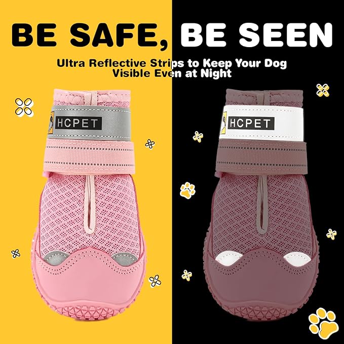 Hcpet Dog Shoes for Large Dogs, Breathable Dog Booties for Small Medium Dogs, Anti-Slip Dog Boots & Paw Protectors for Hot Pavement Winter Snow Hiking with Reflective Straps Pink Size 3