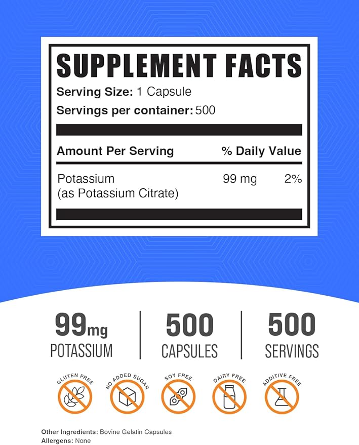BulkSupplements.com Potassium Citrate Capsules - Potassium Citrate 99mg - 1 Capsule per Serving, 500 Capsules (Pack of 1)