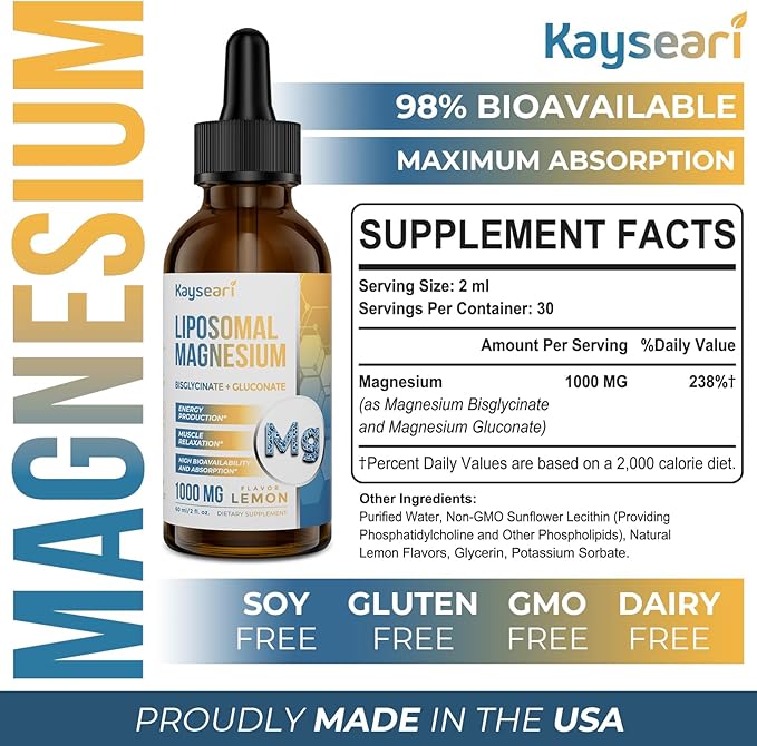 High Strength Liposomal Magnesium Drops, Easily Absorbed Chelated Forms of Magnesium Bisglycinate and Magnesium Gluconate, 60ML Lemon Flavored Liquid Drops