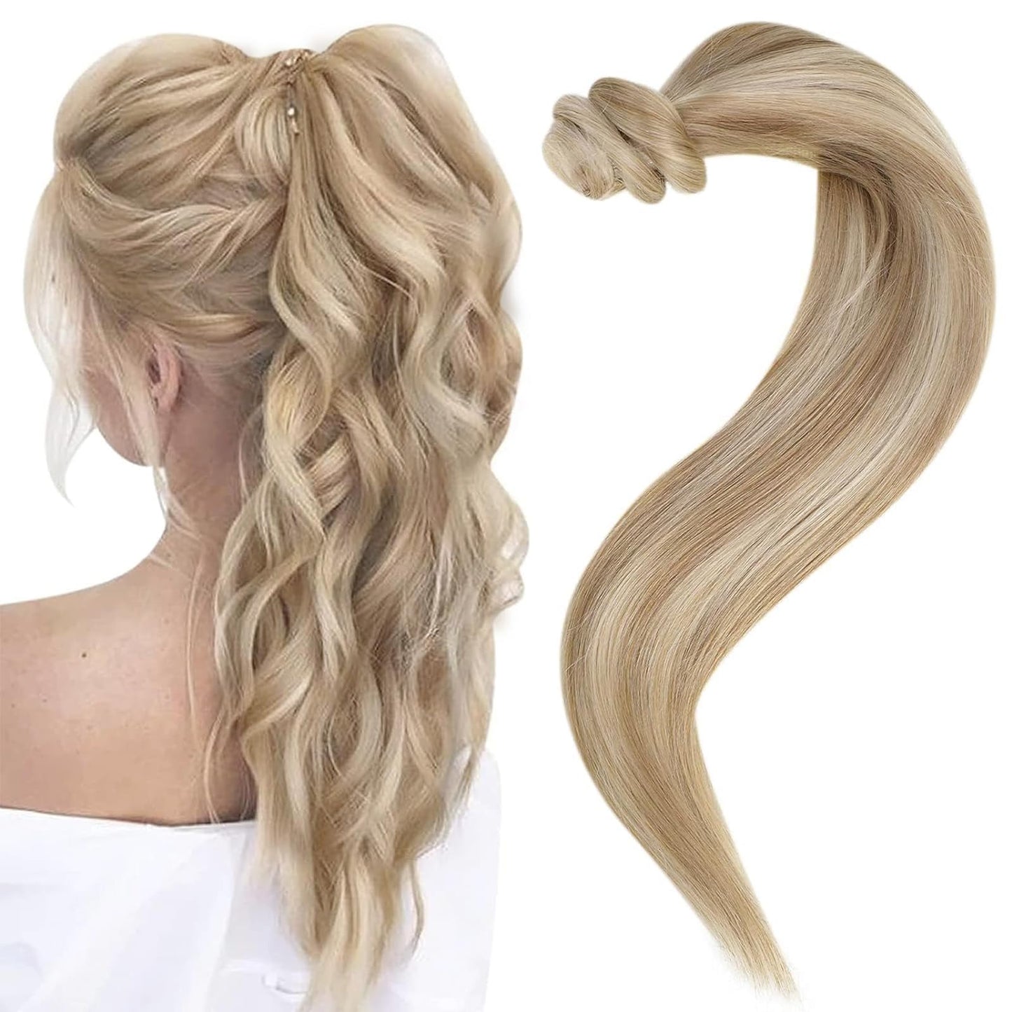 Easyouth Straight Ponytail Extension Human Hair Highlight Ponytail Hair Extensions Golden Blonde Mixed Bleach Blonde Human Hair