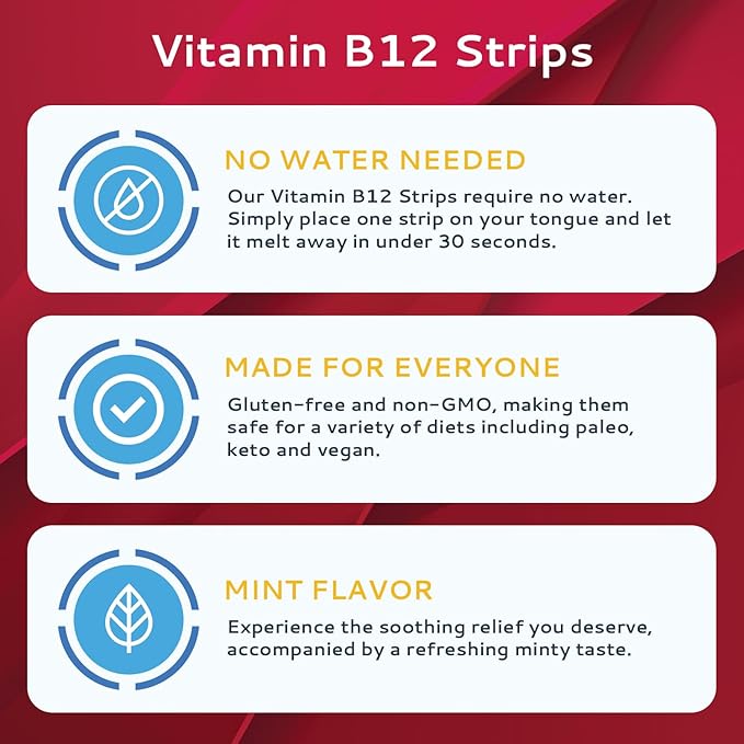 Vitamin B12 Strips 30 Pack | Easy Oral Dissolvable Mint Flavored Strips | 1500 mcg Strips | VIT B12 Dissolve Under Tongue | Methylcobalamin B-12 Vitamin Formula | Vegan Friendly & Gluten Free